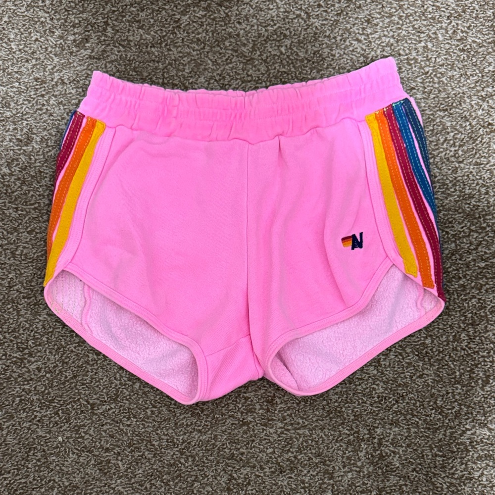 Aviator Nation Pink Athletic Shorts with Rainbow Accents